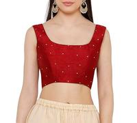 Dupion Solid Saree Readymade Beaded Blouse Scoop Neck Top Sleeveless Back Hook & Eye with Dori Closure Choli Sari Red