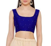 Dupion Solid Saree Readymade Beaded Blouse Scoop Neck Top Sleeveless Back Hook & Eye with Dori Closure Choli Sari Royal Blue