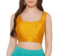 Dupion Solid Saree Readymade Beaded Blouse Scoop Neck Top Sleeveless Back Hook & Eye with Dori Closure Choli Sari Mustard Yellow