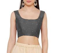 Dupion Solid Saree Readymade Beaded Blouse Scoop Neck Top Sleeveless Back Hook & Eye with Dori Closure Choli Sari Grey