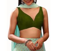 Dupion Solid Saree Readymade Blouse Sweetheart Neck Top Sleeveless Back Hook & Eye Closure Choli Sari Olive Green