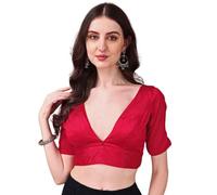 Dupion Solid Saree Readymade Blouse V-Neck Top Short Sleeve Hook and Eye Closure Tie-Up Back Choli Sari Red