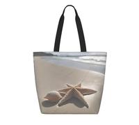 DuPont paper Reusable Shopping Starfish Seashell Sandy Beach Print Tote Handheld or Shoulder Carry,Lightweight,Foldable