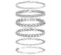 DUQGUHO 6Pcs Stainless Steel Bracelets for Men Cuban Link Rope Paperclip Chain Bracelets Set 7.5/8.3/9 inches Mens Silver Bracelet Jewellery, 7.5 Inch, Stainless Steel, No Gemstone