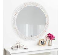 DUQIMO White Round Mirror 24 Inch, Natural Mother of Pearl Inlay Framed Circle Mirrors for Wall, Shatterproof Tempered Glass Mosiac Mirror for Bathroom Bedroom Entryway and Living Room