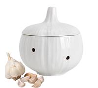 Duqulle Garlic Container - Ceramic Garlic Jar | Farmhouse Vented Garlic Storage Jar With Lid For Keep Ginger Garlic Cloves Fresher