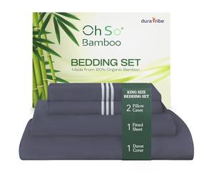 DURA TRIBE Oh So Bamboo Bedding Set 4 Piece King - Charcoal - Hypoallergenic Duvet Cover, Fitted Sheet & 2 Pillowcase Made from 100% Organic Bamboo Viscose Cooling Silky-Soft & Smooth Material