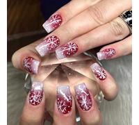 Durability ABS Press On Nails Pack Of 24 Red White Snowflake Christmas Fake Nails Easy Application For Long Last Wear Red White Snowflake Press On Nail