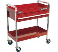 Durable 2-Tier Workshop Trolley With Lockable Drawer - 80Kg Capacity In Red
