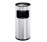 Durable Round Metal Waste Bin with Integrated Sand Ashtray, 17L, Silver