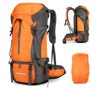 Durable 70L Hiking Camping Backpack with Waterproof Rain Cover, Lightweight Outdoor Sport Travel Daypack 65L+5L Rucksack for Climbing Touring Ultralight High-Capacity for Men and Women (Orange)