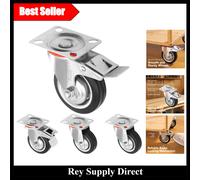 H&S Heavy Duty 75mm (3") Swivel Castors - Set of 4 Rubber Trolley Wheels with Lockable Brakes for Furniture, Appliance, Outdoor or Bed