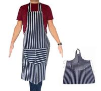 Durable Chef's Apron with Double Pockets, Adjustable Polyester Straps 100% Cotton Navy White Vertical Striped Ideal for Butchers, Kitchens, Restaurants, BBQs, Culinary Schools