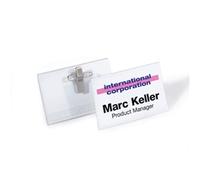Durable Name Badge 40 x 75 mm with Combi Clip Transparent | Pack of 50 Badges | Includes Blank Insert Cards | Ideal for Events and Visitor Management