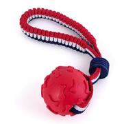 Durable Dog Ball with Handle - Textured Chew & Fetch Toy for Small/Medium Dogs - Non-Toxic Rubber Ball with Strong Woven Strap for Throwing & Tugging (Red)