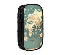 Durable Double Layer Zippered World Map Retro Print Pencil Case for Kids pencase for Office Supplies.