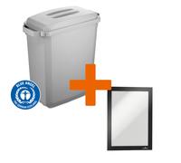 Durable DURABIN ECO 80% Recycled Plastic Recycling Bin 60 Litre Grey with Grey Lid & Black A5 DURAFRAME Self-Adhesive Sign Holder - VEH2023009