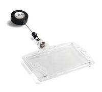Durable Duo Security Pass Holder 54 x 85mm, Pack of 10, with Badge Reel | Transparent Enclosed Badge Holder with Reel, Holds 2 ID Cards, Portrait or Landscape Format, Strong Plastic