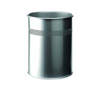 Durable Metal Round Waste Bin Silver 15 Litre Capacity | Stylish 30 mm Perforated Ring | Waste Basket for Offices, Schools, Home, etc.