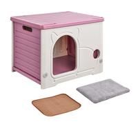 Durable Outdoor Cat House, Pink Waterproof Plastic Shelter Stackable Design for Multiple Pets | Suitable for Cats & Small Dogs Indoors or Gardens(Pink,54x41x38cm,2 cushions)