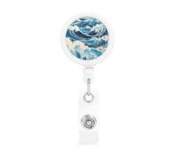 Durable Retractable Badge Holder for Work Staff Campus with Unique Ukiyo-e Style Waves Print Design
