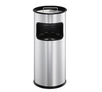 Durable Round Metal Waste Bin with Integrated Sand Ashtray | 17L | Silver