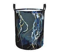 Durable Round Single-Layer Blue And Gold Jellyfish Laundry Basket/Dirty Clothes Bag - Oxford Fabric, Water-Resistant, Easy To Clean