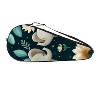 Durable Tennis Bag, Cartoon Baby Elephants with Flowers and Leaves on Teal Background Lightweight Tennis Racket Bag for Men Women Teens
