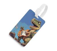 Durable TPU Luggage Tag with Information Card, Scratch-Resistant Travel Bag Tag, Dinosaur Playing Guitar Suitcase Tags for Bags & Tools, White-Style