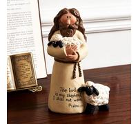 DurableDelights 4.13'' Shepherd Figurine with Lamb - Resin Religious Shepherd Statue with Psalm 23:1 Bible Verse, Christian Home Decor Ornament for Table, Shelf or Prayer Space