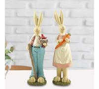 DurableDelights Easter Bunny Figurines Set of 2 - Resin Rabbit Couple Ornaments with Bird Nest & Carrot, Hand-Painted Spring Bunny Decor for Farmhouse Home, Cute Rabbit Figurine Set