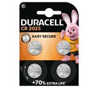 DURACELL 2025 Lithium Coin Batteries 3V (4 Pack) - Up to 70% Extra Life - Baby Secure Technology - For Use in Key Fobs, Fitness Watches and 3D Glasse