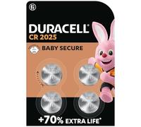 DURACELL 2025 Lithium Coin Batteries 3V (4 Pack) - Up to 70% Extra Life - Baby Secure Technology - For Use in Key Fobs, Fitness Watches and 3D Glasses - Baby Secure Packaging