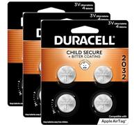 DURACELL 2032 Lithium Battery. 4 Count 3 Pack. Child Safety Features. Compatible with Apple AirTag, Key Fob, and Other Devices. CR2032 Lithium 3V Cell. Bonus! Sack to Keep Extra Batteries