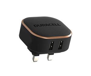Duracell Black 24W Dual Fast USB-A 2 x 2.4A Compact Wall Charger Plug - Compatible With Smartphones, Tablets, Powerbanks & More - Flush To Wall Ergonomic Design & Fit