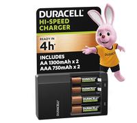 DURACELL Hi-Speed Battery Charger, 4 hours, Compatible with AA and AAA NiMh Batteries, 2x AA 1300mAh and 2x AAA 750 mAh, Rechargeable Batteries Included