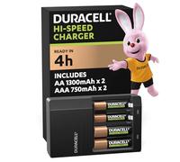 DURACELL Hi-Speed Battery Charger, 4 hours, Compatible with AA and AAA NiMh Batteries, 2x AA 1300mAh and 2x AAA 750 mAh, Rechargeable Batteries Included