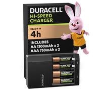 DURACELL Hi-Speed Battery Charger, 4 hours, Compatible with AA and AAA NiMh Batteries, 2x AA 1300mAh and 2x AAA 750 mAh, Rechargeable Batteries Inclu