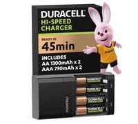 DURACELL Hi-Speed Battery Charger, 45 minutes, Compatible with AA and AAA NiMh Batteries, 2x AA 1300mAh and 2x AAA 750 mAh, Rechargeable Batteries In