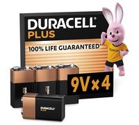 Duracell Plus 9V Batteries (4 Pack) - Alkaline - 100% Life Guaranteed - Reliability For Everyday Devices - 0% Plastic Packaging - 5-Year Storage - 6LR61 MN1604