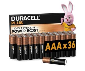 Duracell Plus AAA Batteries, 36 Pieces, Alkaline Batteries 1.5V, Up to 100% Extra Life with Power Boost Ingredients, Reliability for Daily Devices, 0% Plastic Packaging, MN2400