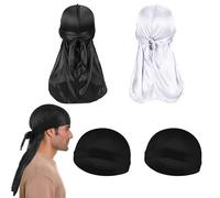 Durag Men's Headscarf, Elastic Wave Caps for Sports, Bandana Cap for Men and Women, Premium Satin Durag with Long Tail for 360 Waves, Pack of 4