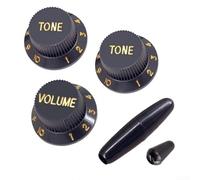 Durashmall 4Pcs/set Plastic Knob, 1 Volume 2 Tone Control Knobs with Tremolo Arms Cap,for ST SQ Electric Guitar Replacement Parts(Black+Gold)