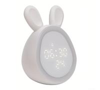 Durashmall Kids Rabbit Alarm Clock with Night Light Bedside Electronic Clock Rechargeable 1500mAh Battery Silent Time Display for Bedroom or Nursery Pink or White(white)
