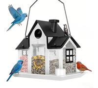 Durashmall Solar Bird Feeder with Light All Metal Construction Large 5lb Capacity Weatherproof Hanging Wild Birdhouse for Outdoor Garden Decor White and Red(White)