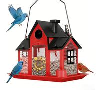 Durashmall Solar Bird Feeder with Light All Metal Construction Large 5lb Capacity Weatherproof Hanging Wild Birdhouse for Outdoor Garden Decor White and Red(Red)