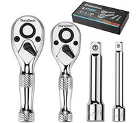 DURATECH 1/4-Inch and 3/8-Inch Drive Stubby Ratchet Wrench and Extension Bars Set Mini Ratchet with Quick-Release Head, 4-Piece, Polished Chrome Finish