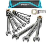 DURATECH 10-Piece Anti-Slip Ratchet Spanner Set, 6-18 mm, Cr-V Steel | Anti-Slip Design, 72-Tooth Ratchet, Nickel-Plated, Chrome Vanadium Steel, 12-Point Box End, Metric Sizes, Roll-Up Pouch