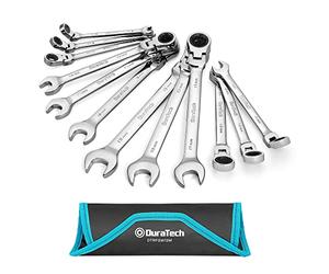 DURATECH 12-Piece Flex-Head Ratchet Spanner Set 8-19mm, Combination Wrench Set with 72 Tooth Ratchet Gear, Chrome Vanadium Steel, Metric, with Poll-up Pouch