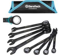 DURATECH 144-P Ratcheting Combination Wrench Set, 2.5° Swing Arc, Metric | for Narrow Spaces, Double-Stacked Pawls, 8-Piece, Metric, 8mm-17 mm, CR-V Steel, Black Chrome Plated, with Organizer Pouch